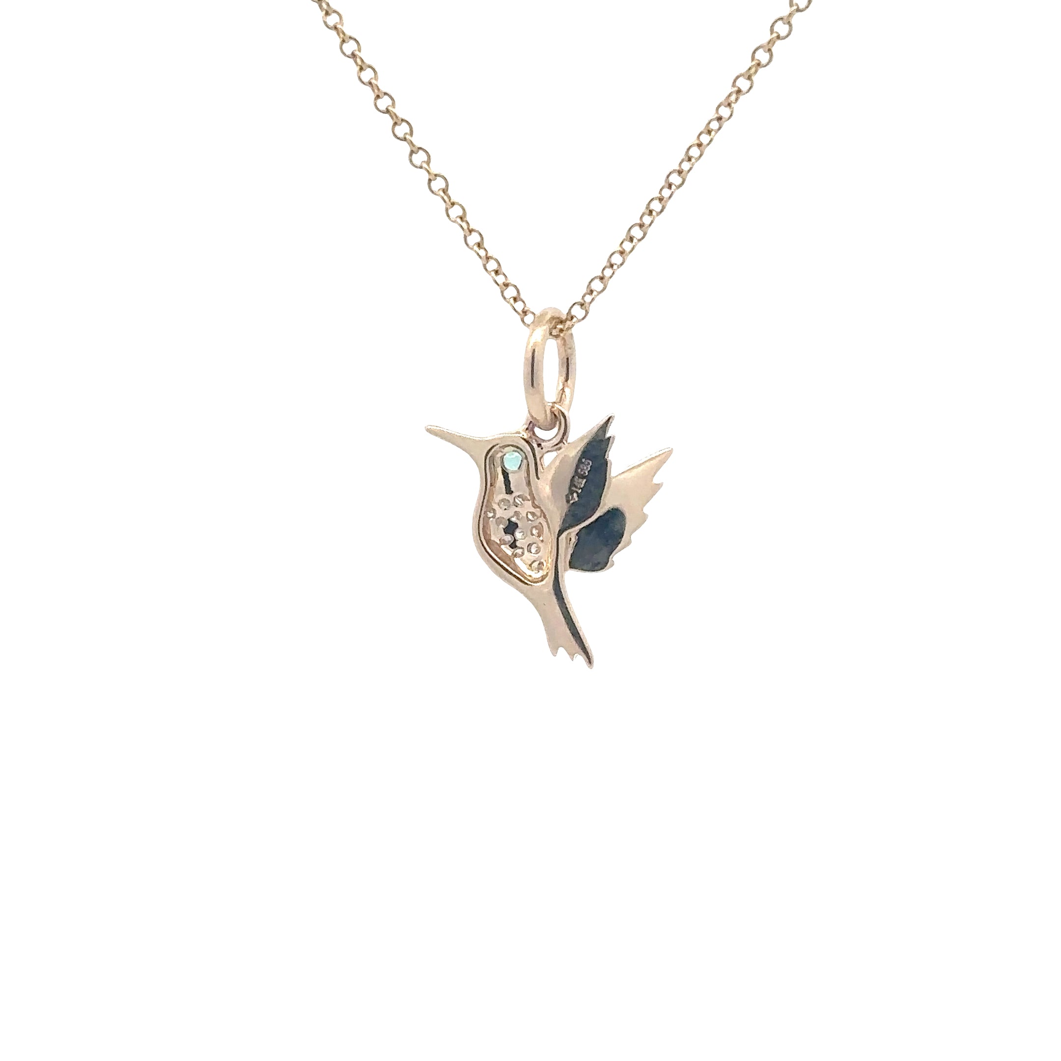 WD1825 14kt gold Pave set diamond Small humming bird with emerald eye pendant