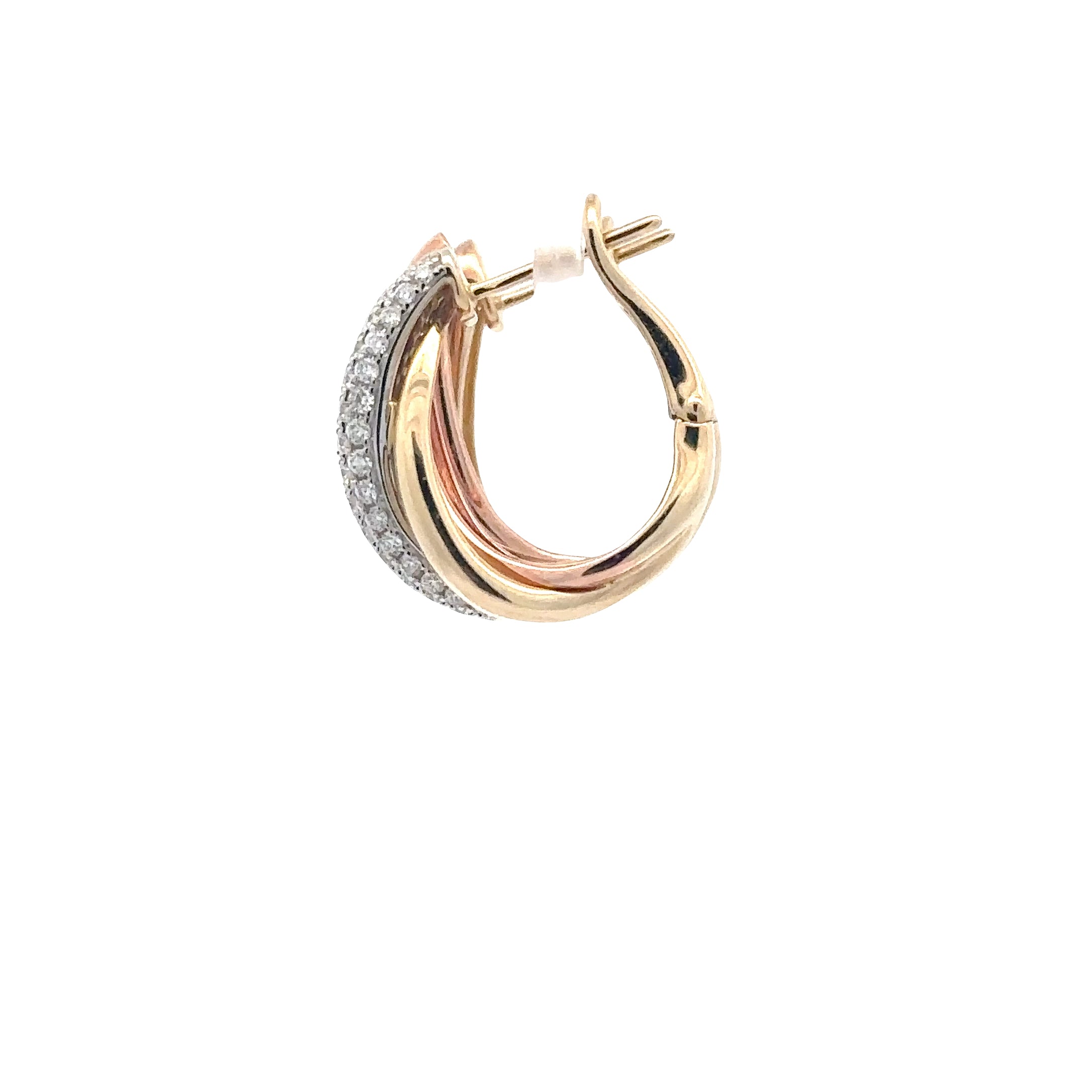 WD1852 14kt Gold Tricolor Twist Hoop with Pave Diamond detail