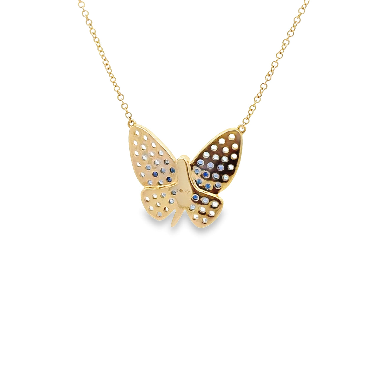 WD1324 14kt Gold Ombre White and Blue Sapphire Butterfly Necklace