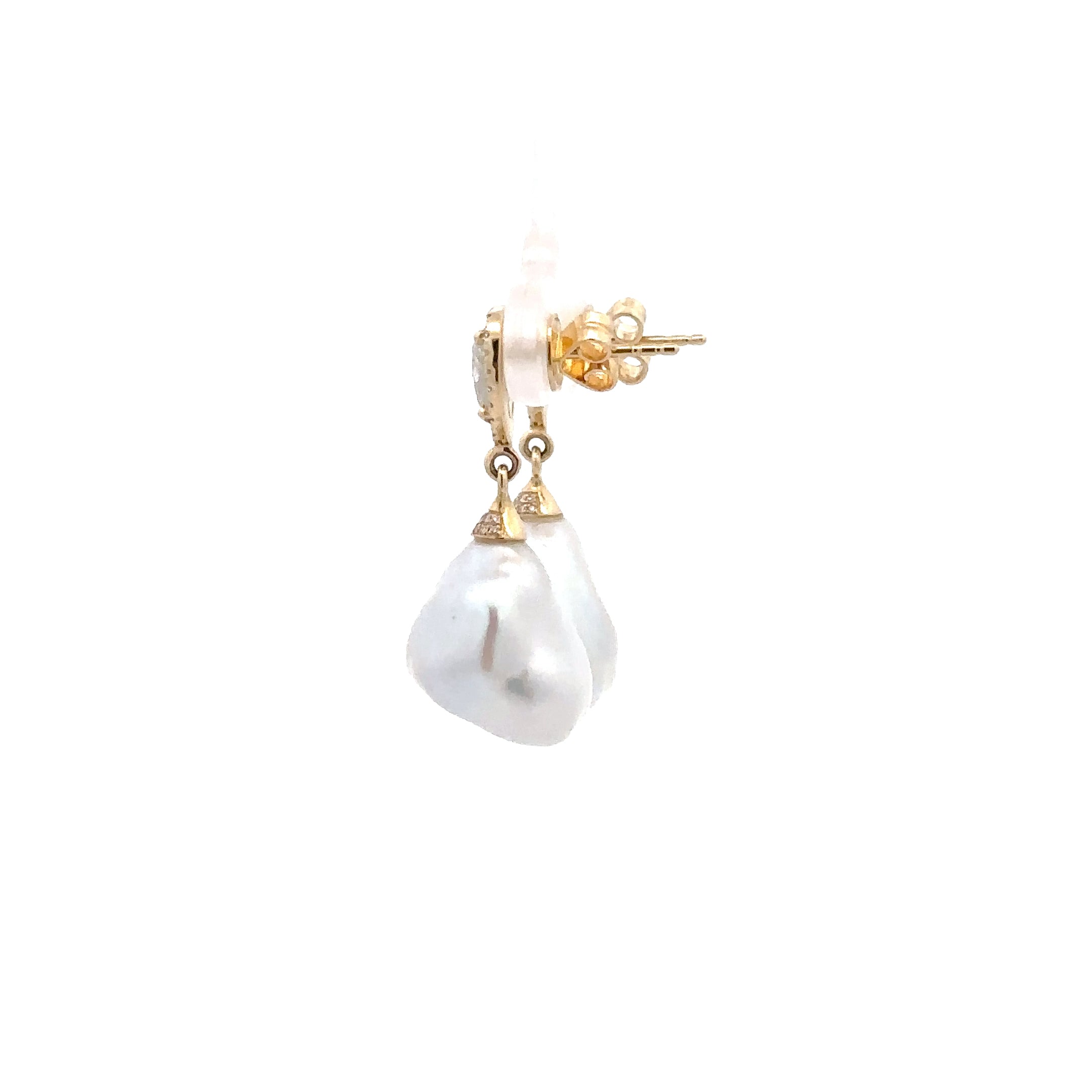 WD1330 14kt Gold Pear Shaped Rose Cut Champagne Diamond with Diamond Halo and Baroque Drop Pearl Earrings