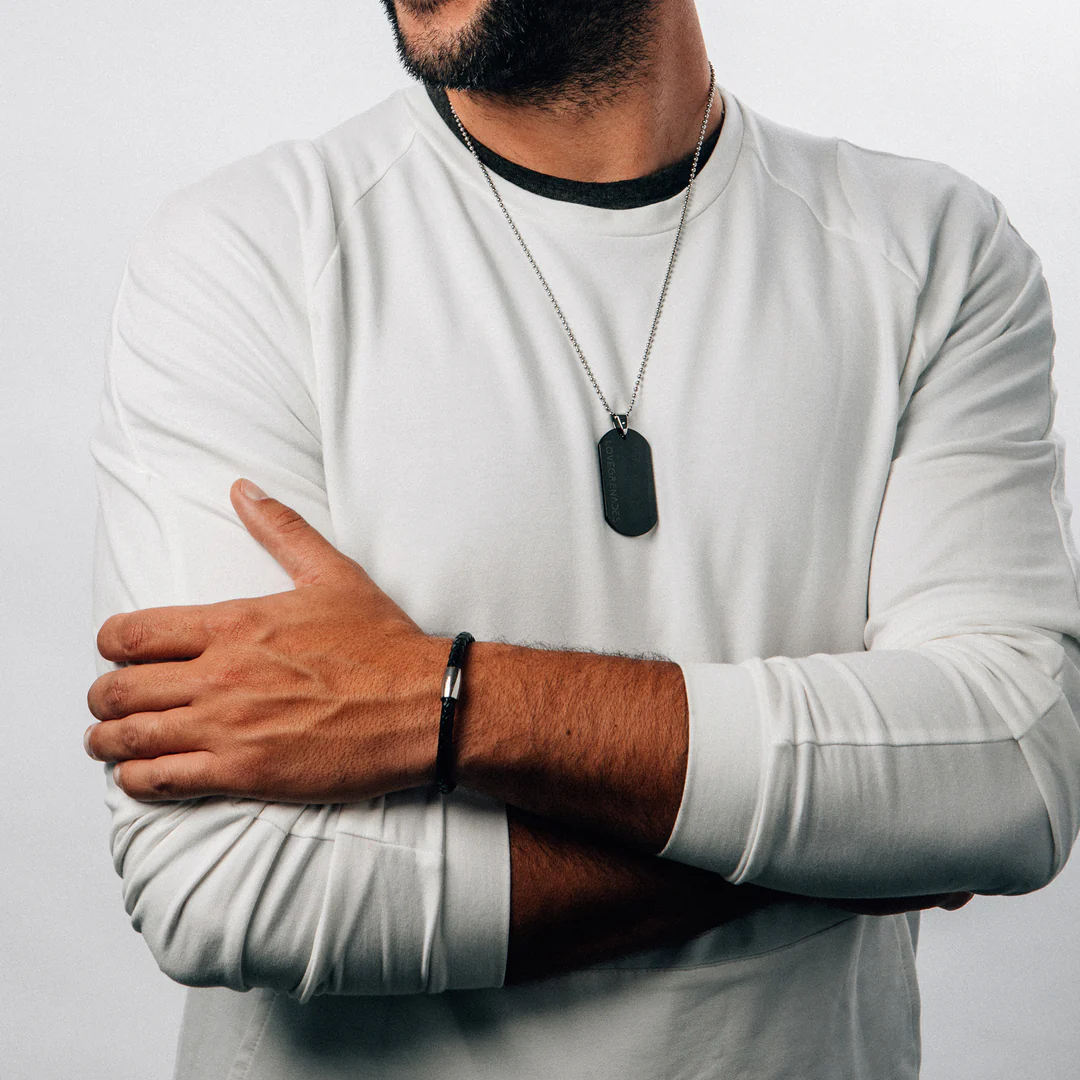 Lg106 LOVE Grenades Stainless with Woven Black leather bracelet