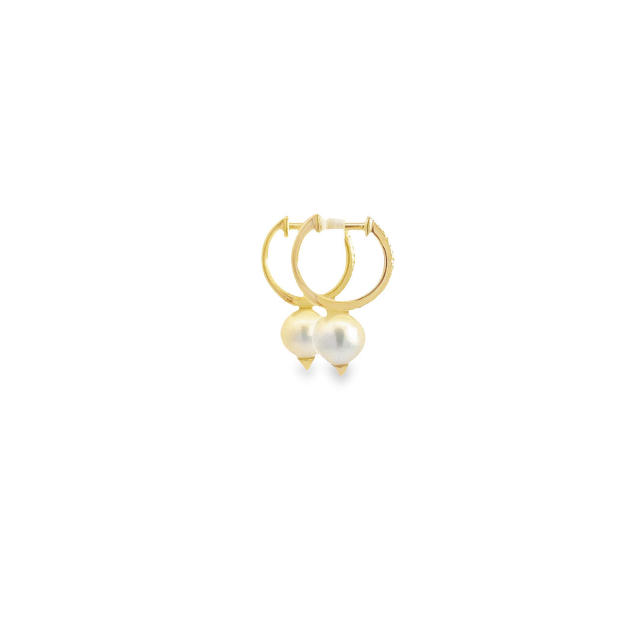 WD694 14kt pave huggie hoop .08ct pearl drop