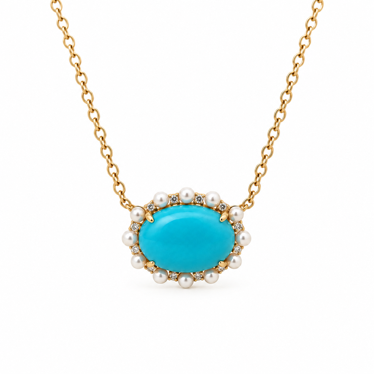 WD1972 14kt Gold Turquoise Cabochon, Pearl & Diamond Necklace