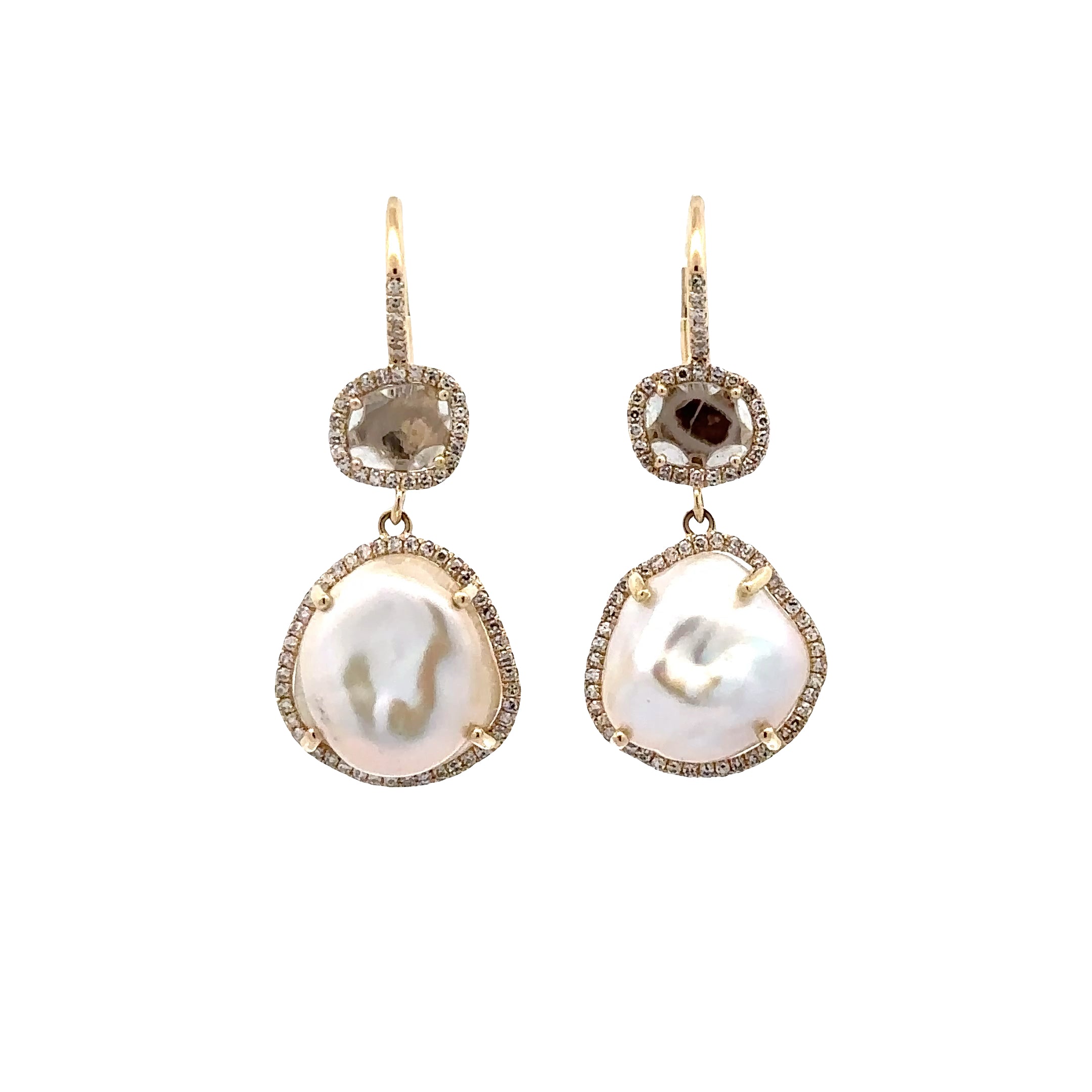 WD1913 14kt Gold Baroque Freshwater Pearls and sliced diamond with diamond halo earrings