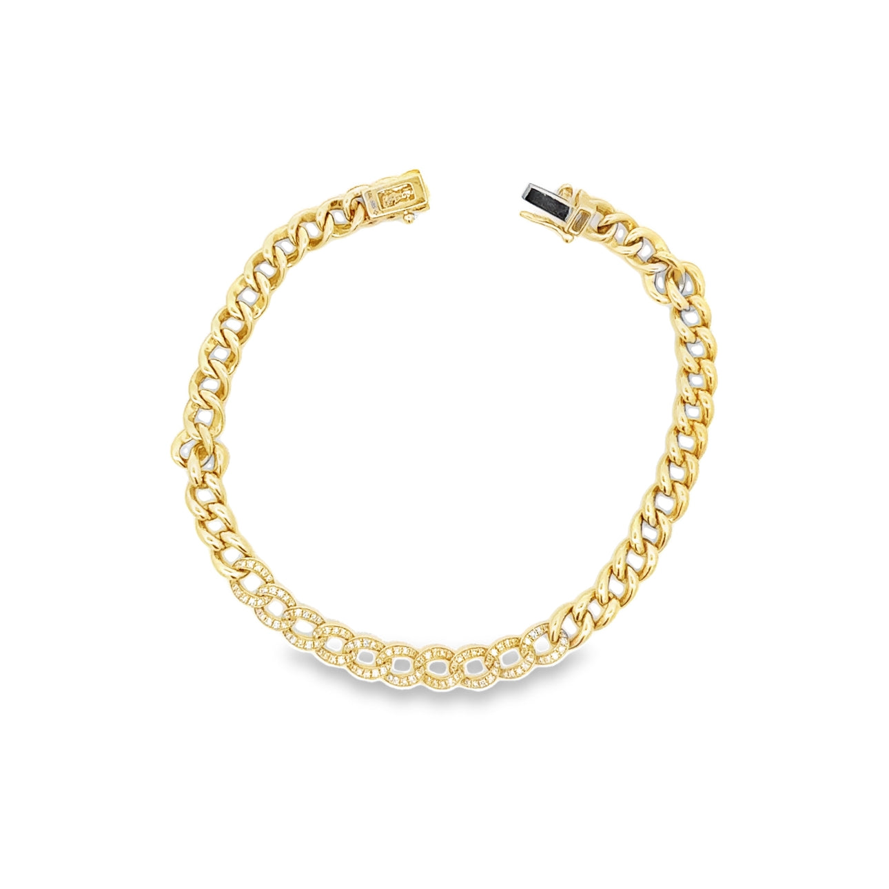 WD1361 14kt Gold Open Cuban Link Bracelet with Pave Set Diamonds