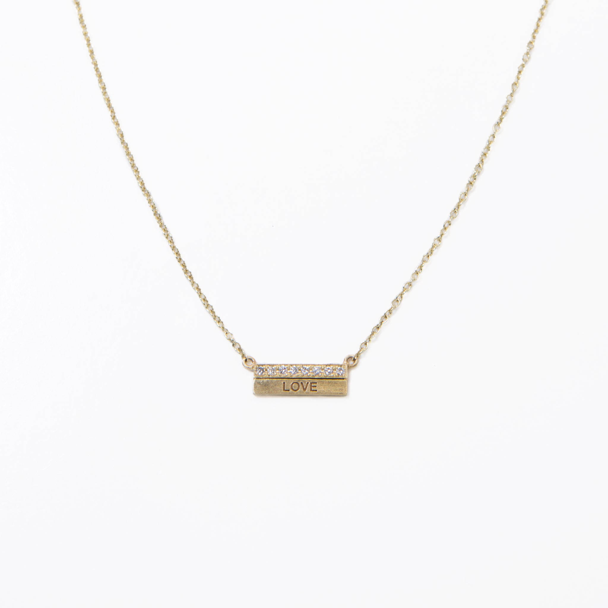 Buildon01, 14kt gold, 18in chain w loop at 16in, 2 bars one with pave one with laser or plain necklace