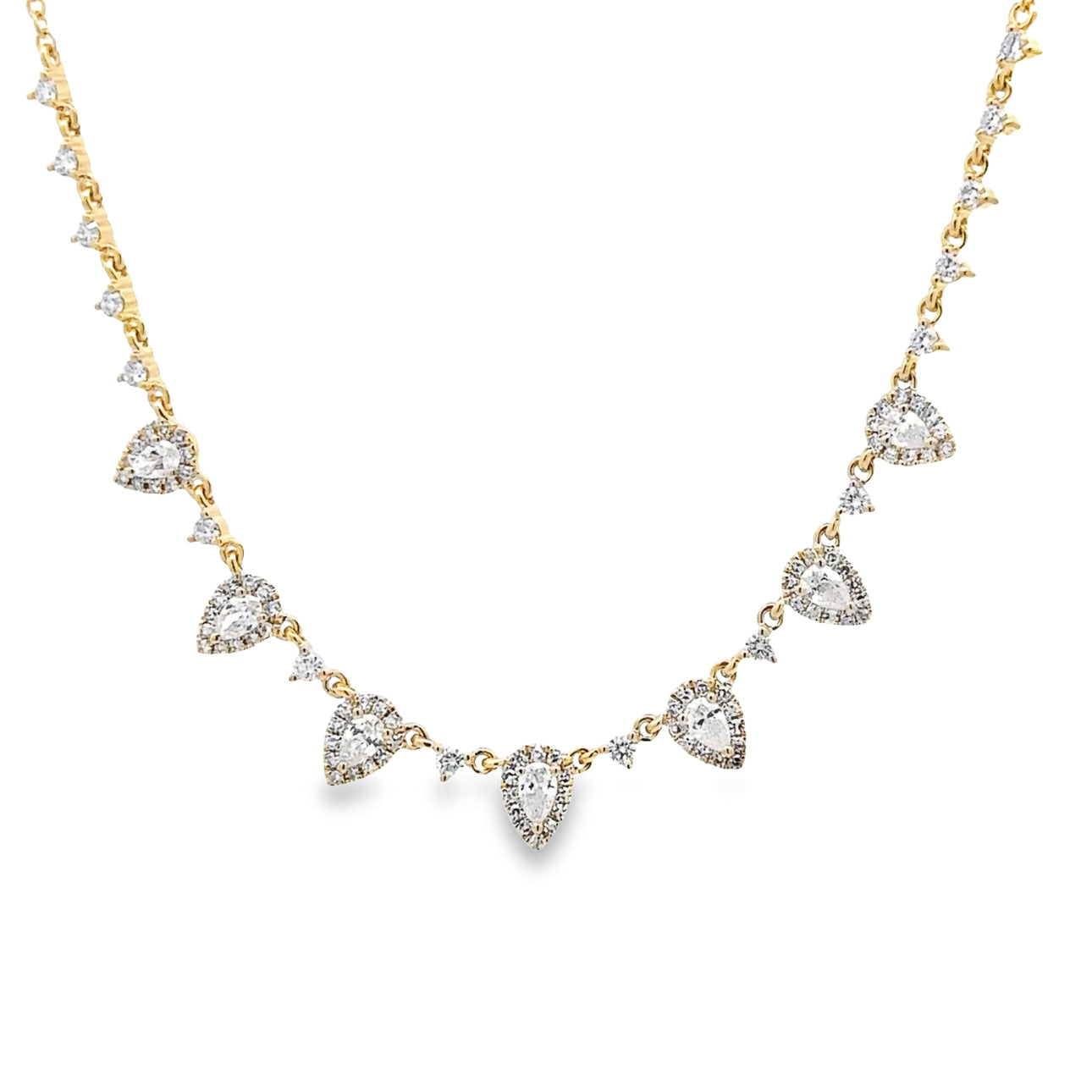 WD1357 14kt Gold Pear Shaped Diamond with Halos and Diamond Detail Necklace