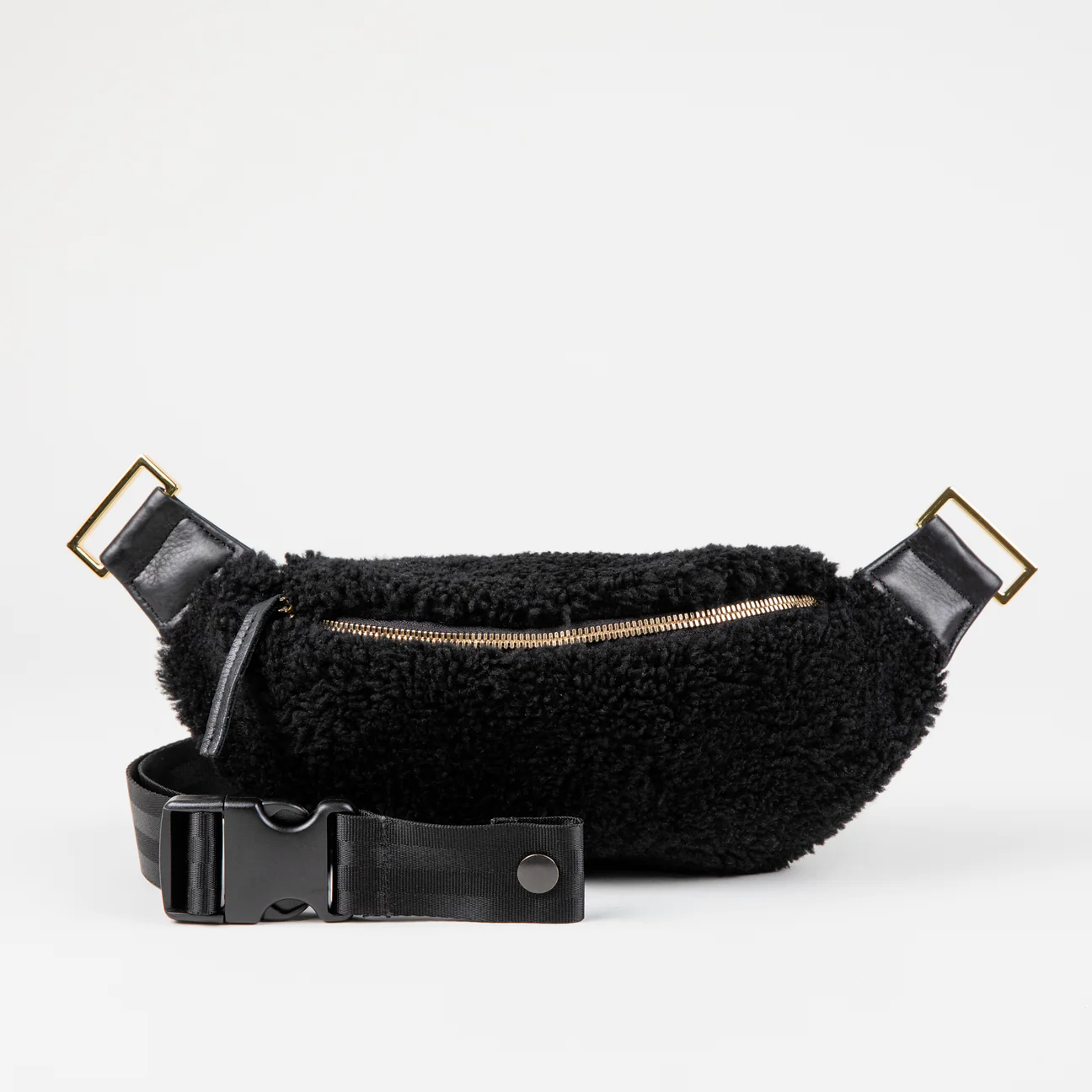 Genuine Shearling Fanny Pack + Crossbody Bag | Black + Gold Hardware