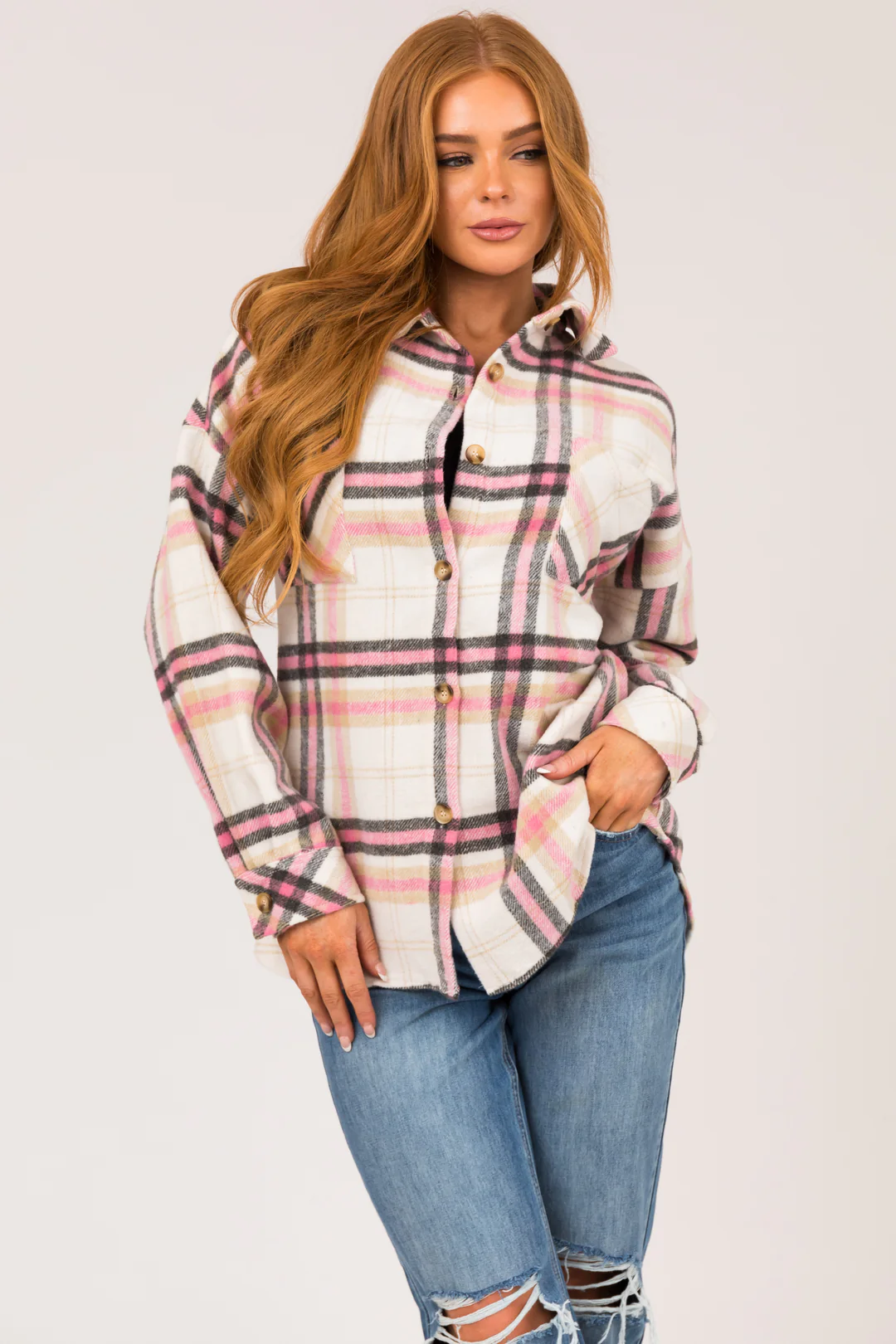 LC8512881p FTP Plaid Button Front Chest Pocket