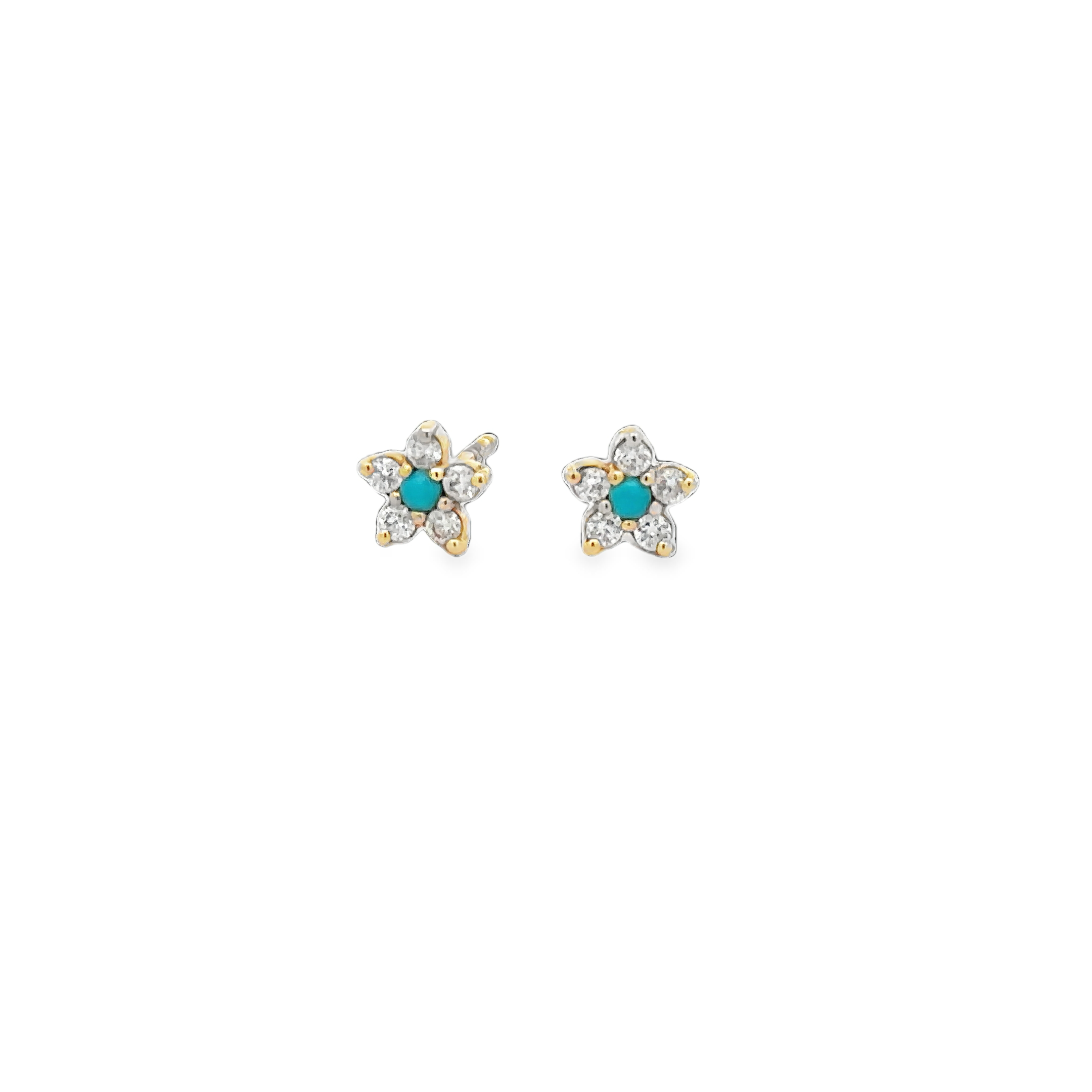 WD1685 14KT Gold Diamond Turquoise Flower Stud Earrings