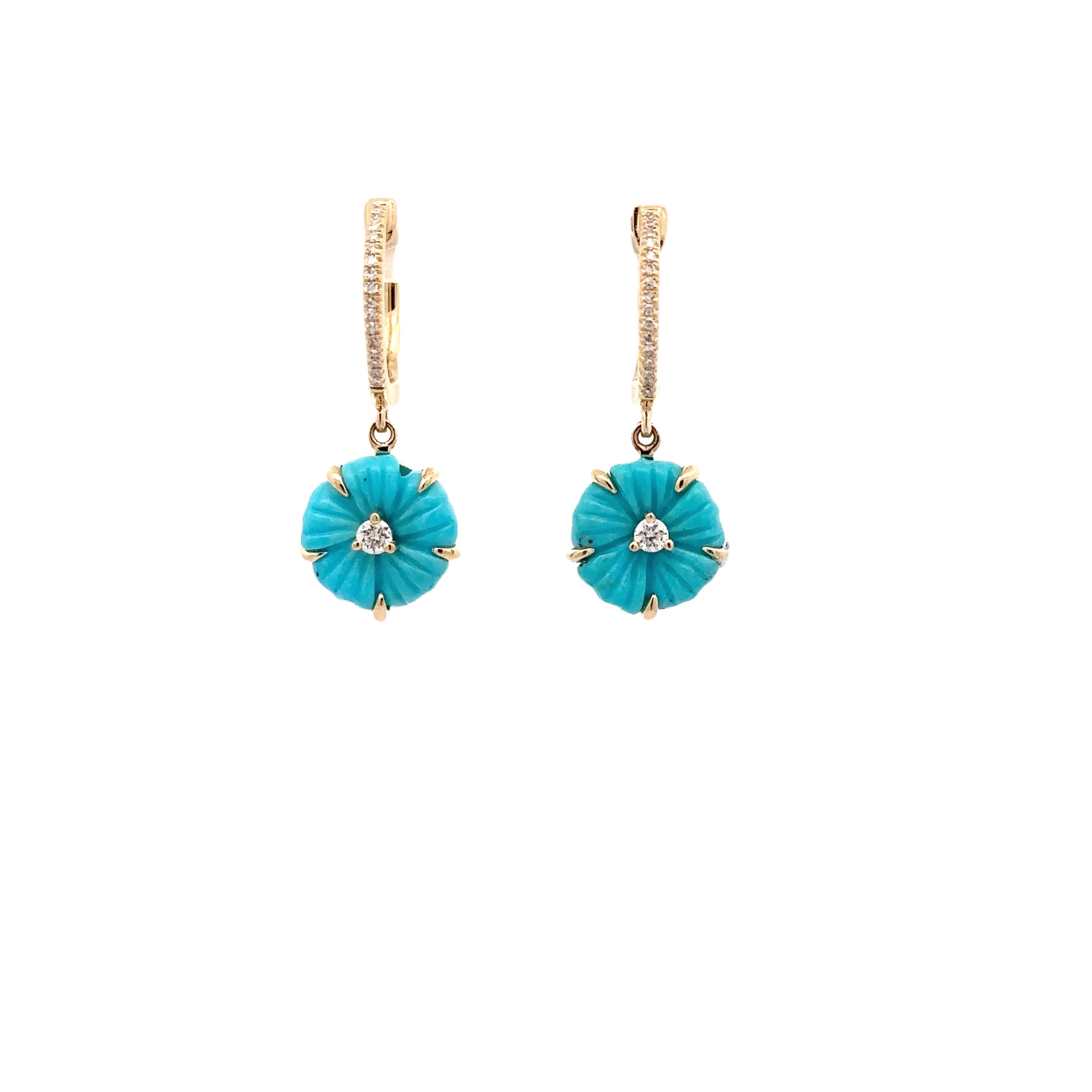 WD1727 14kt Gold Flower Carved Turquoise with Diamond Center Drop Earring