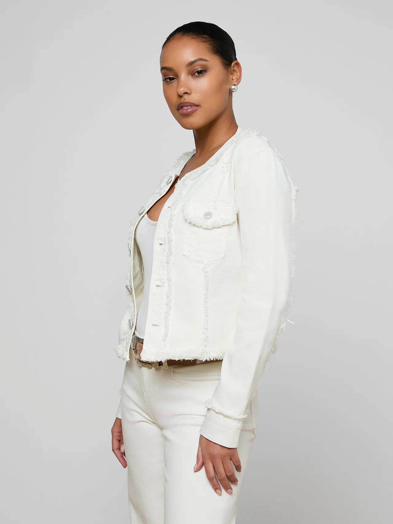 10058kBojLe L'AGENCE The Yarin collarless Fray jacket