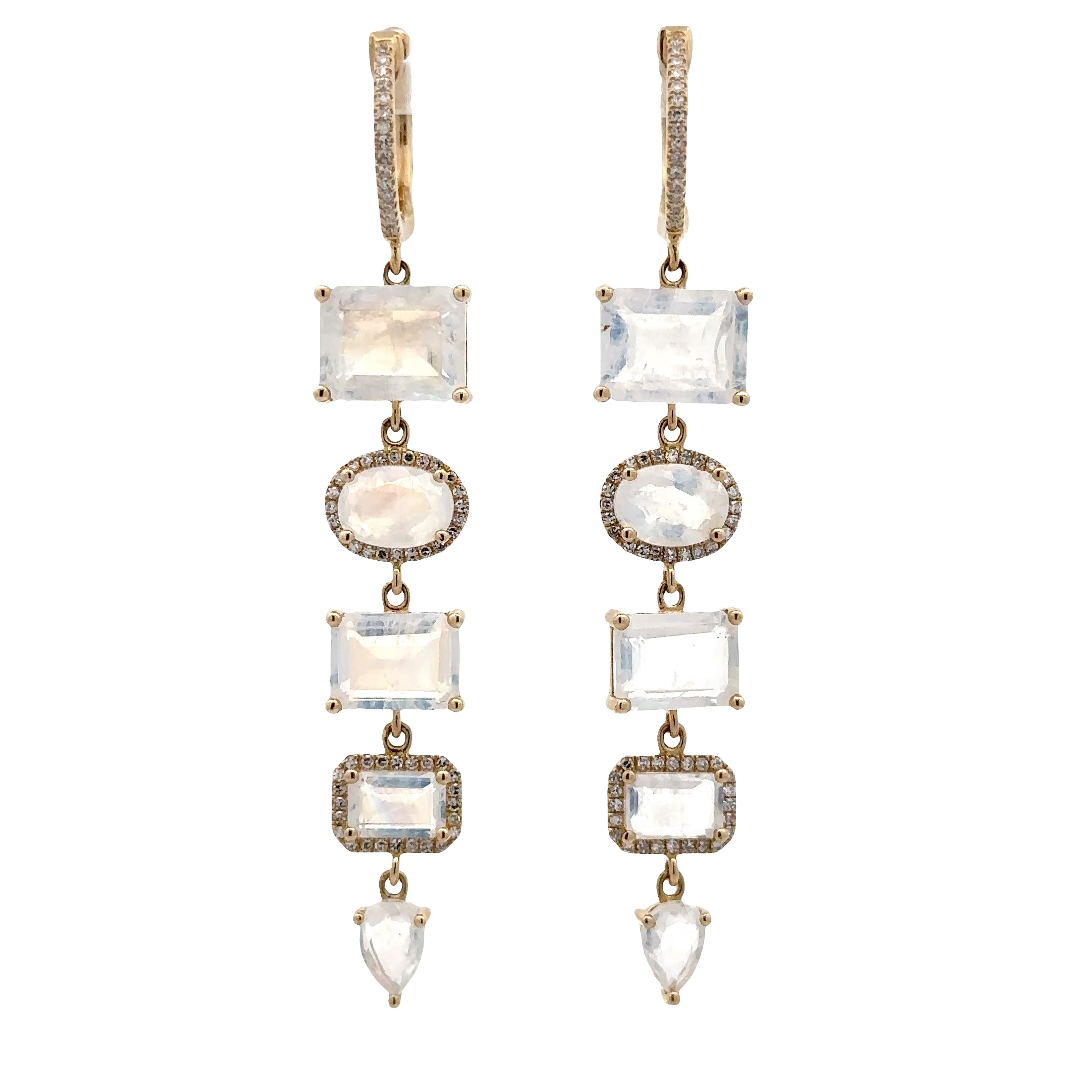 WD1810 14kt Gold Multi Shaped 5 Stone Drop Earrings with Diamond Halos