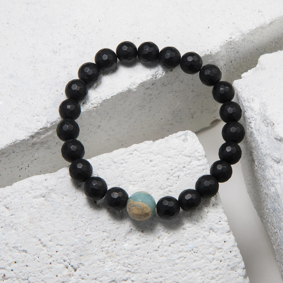 LG111 LOVE Grenades 8mm Matte Faceted Black Onyx, 10mm World Blue  Opal Bracelet