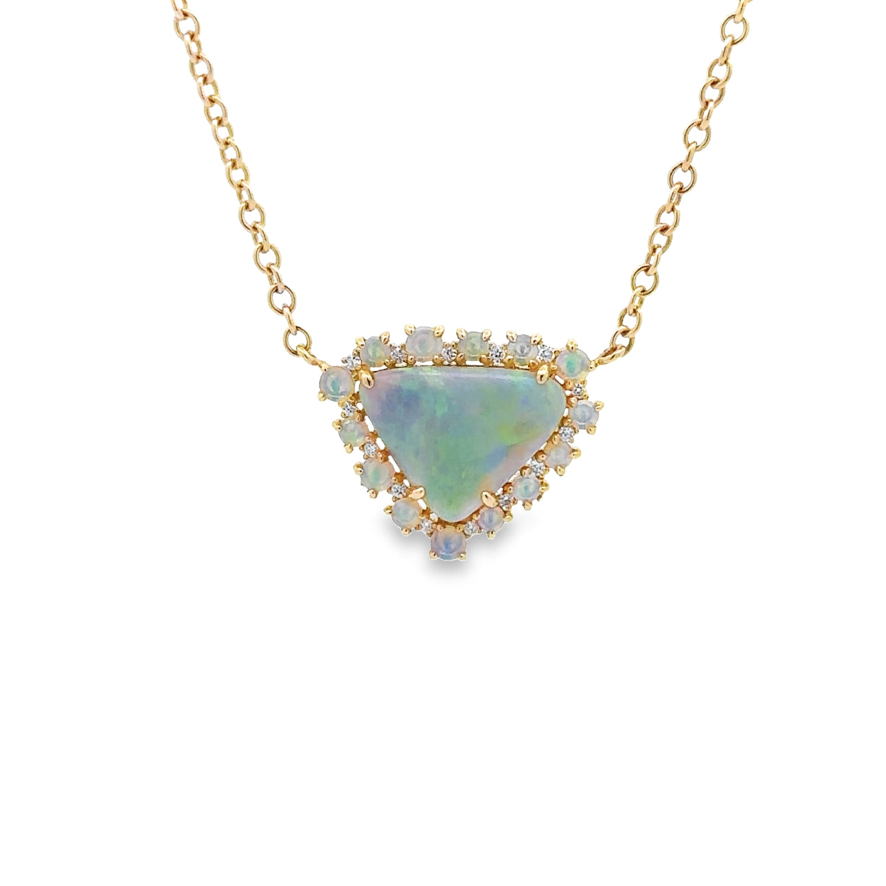 WD1335 14kt Gold Opal with Diamond and Opal Halo Necklace