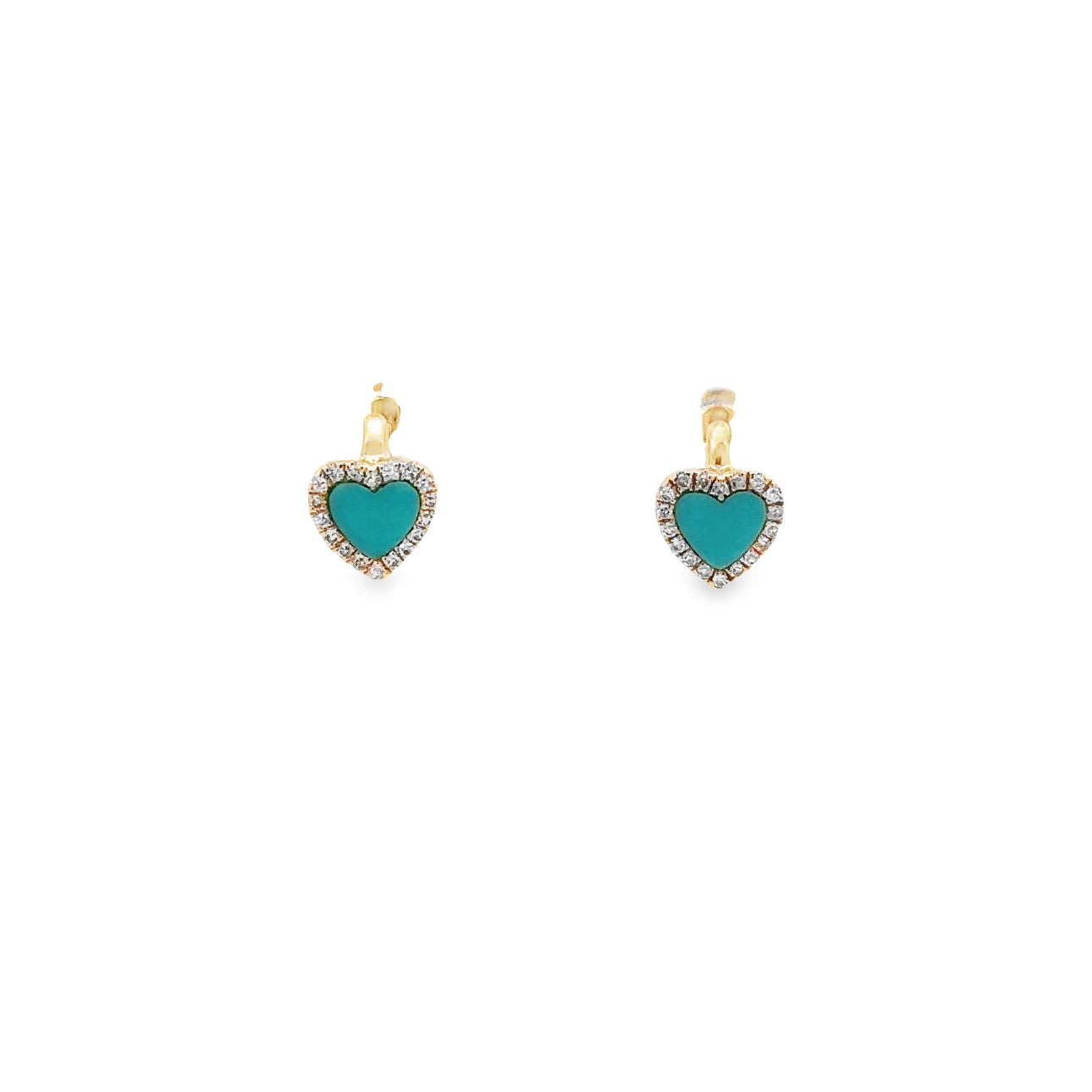 WD1343 14KT Gold Turquoise Inlay Heart with Diamond Halo Huggie Hoops