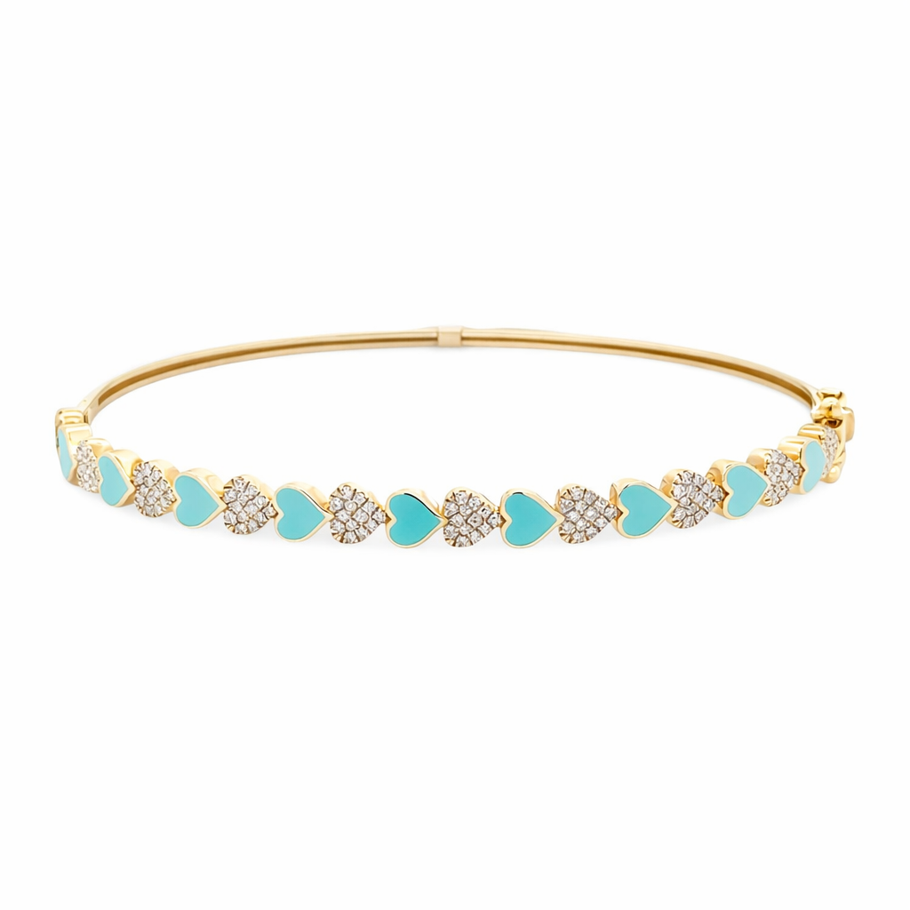 B12516Q  14Kt Yellow Gold Bangle with Heart Diamond Accents