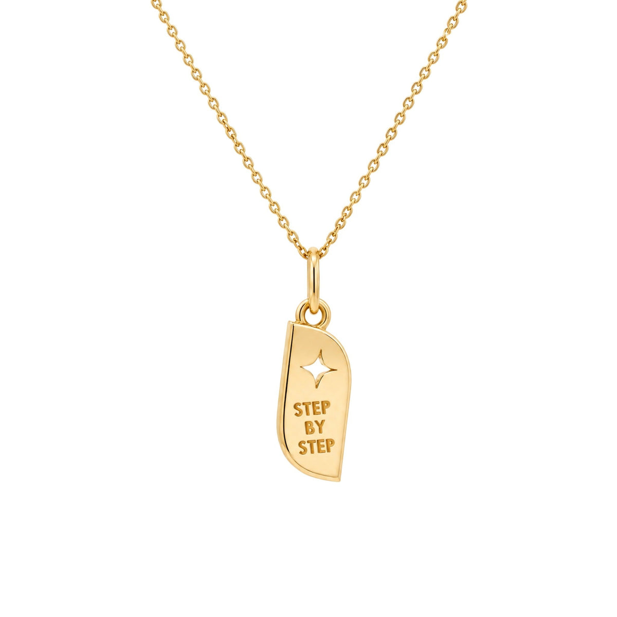 Back of the STEPS Necklace on the Petite Pave Rolo Chain, engraved Step by Step
