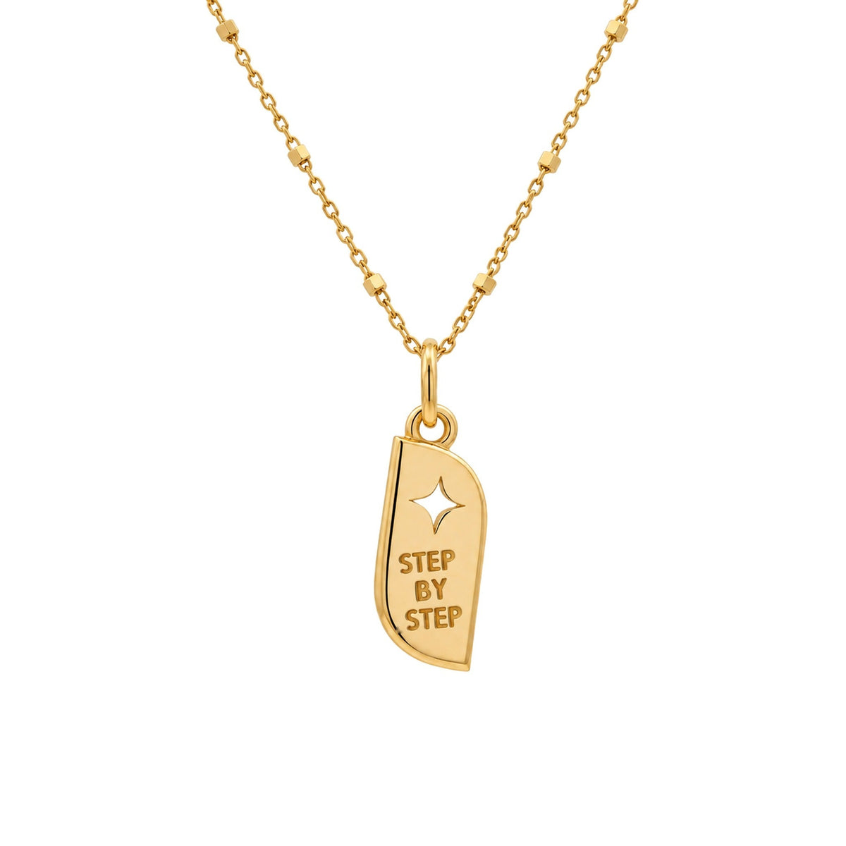 Back of the STEPS Necklace on the Twinkle Ball Chain, engraved Step by Step