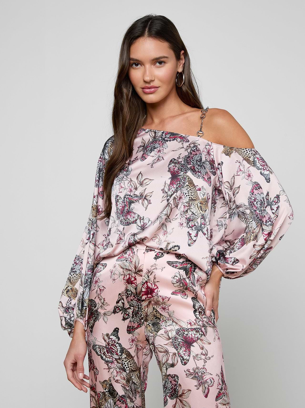 S40706LLA L'AGENCE Asami Chain one shoulder Butterfly Blouse