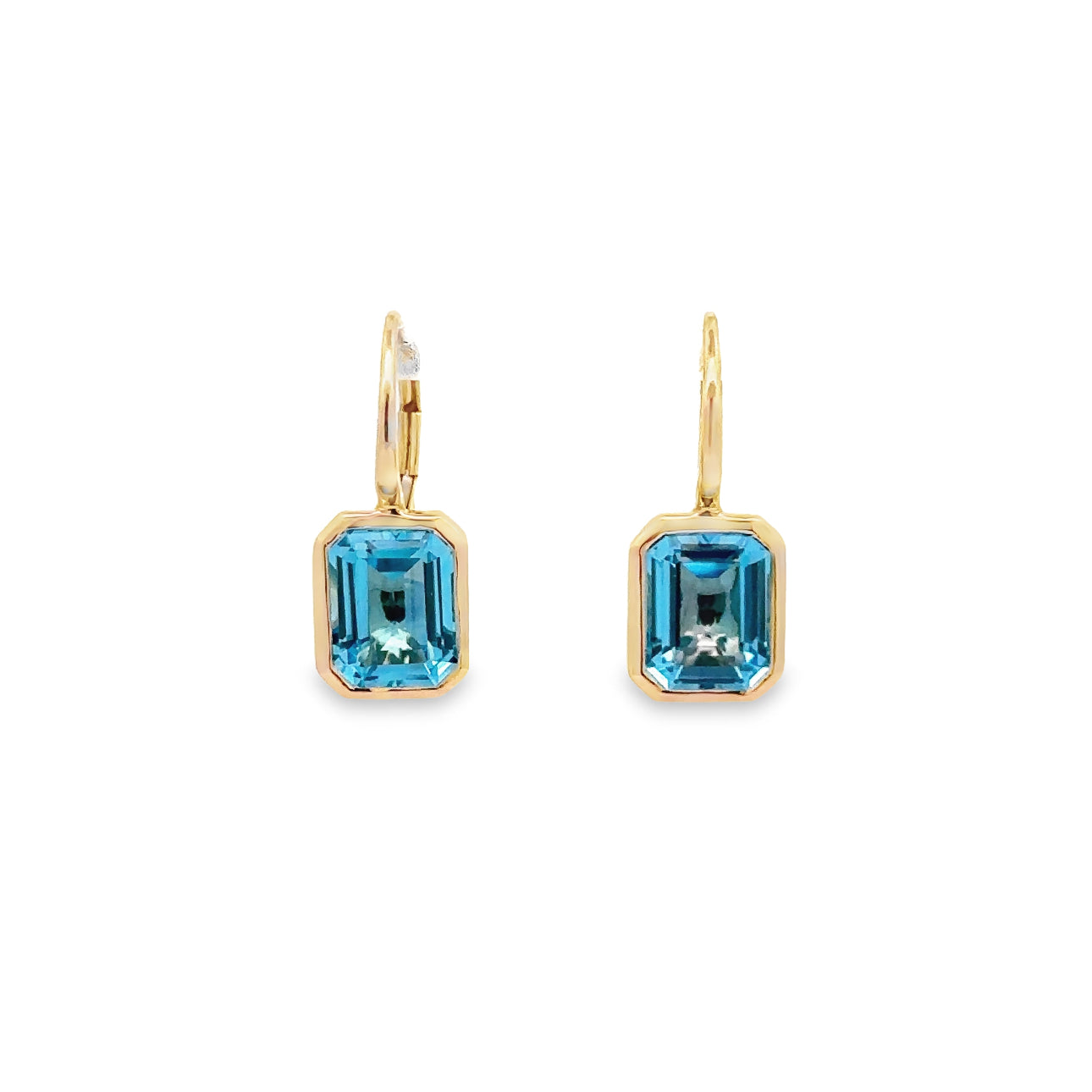 WD1345 14KT Gold Emerald Shaped Blue Topaz Earrings