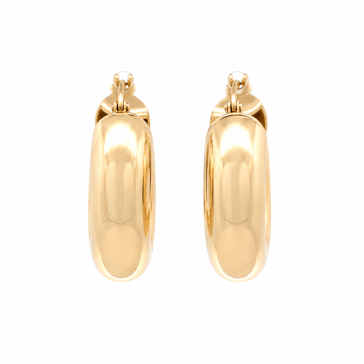 Pair of polished 14K yellow gold chunky hoop earrings with rounded sculptural design and hinged closures on white background.