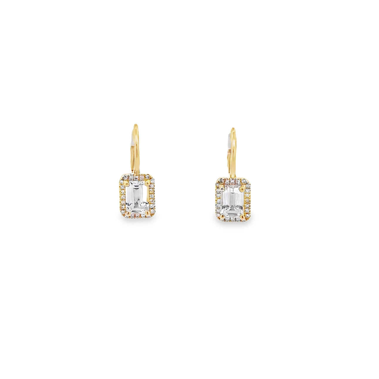 WD1634 14KT Gold Emerald Cut White Topaz with Diamond Halo Drop Earrings