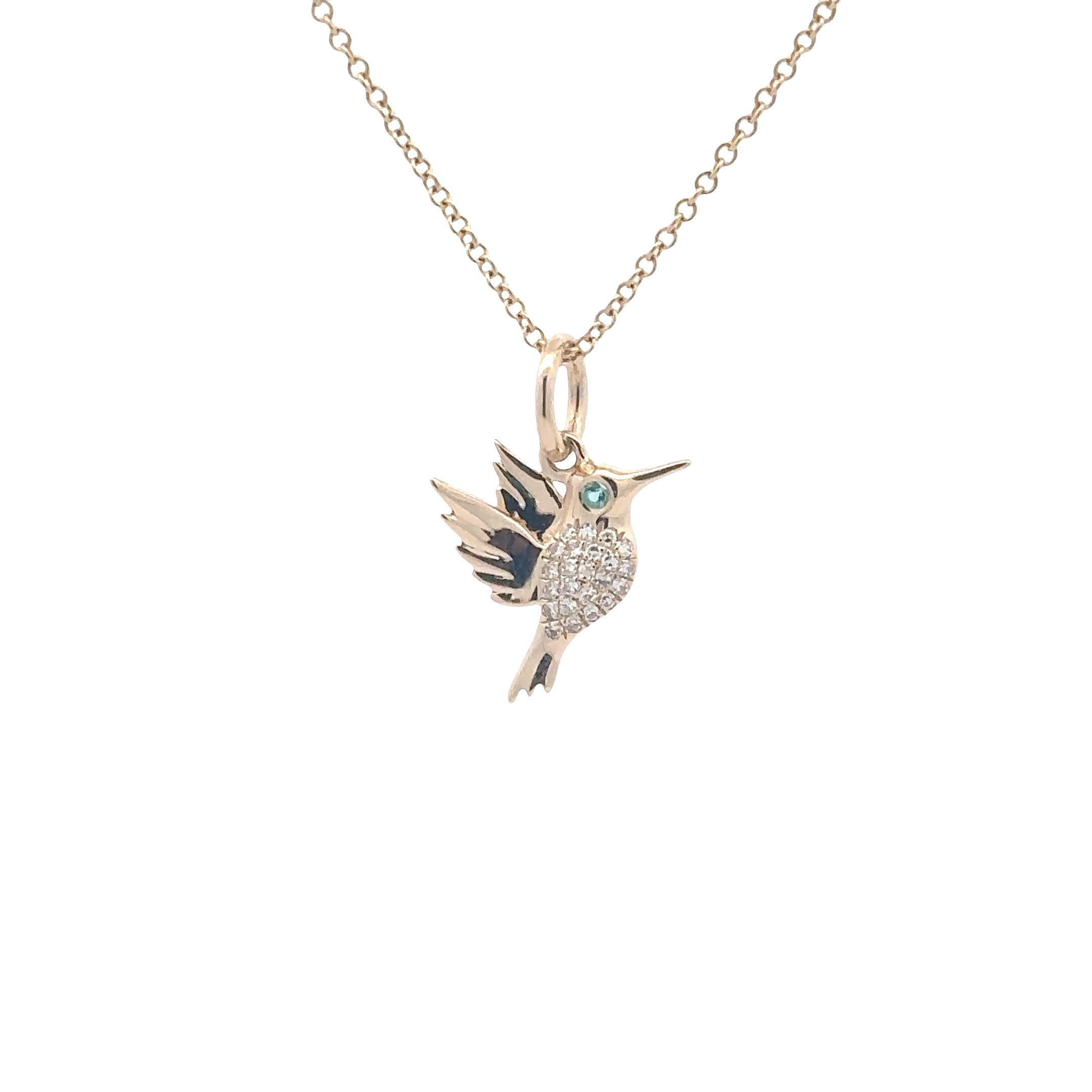 WD1825 14kt gold Pave set diamond Small humming bird with emerald eye pendant