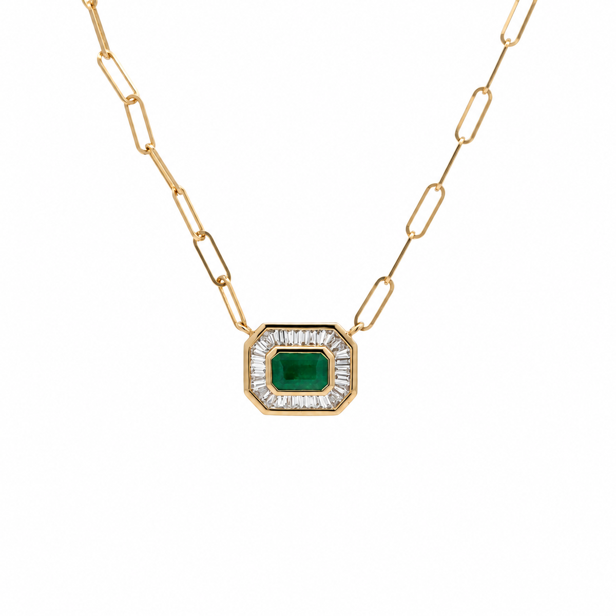 WD1973 14kt Gold Emerald & Diamond Baguette Necklace