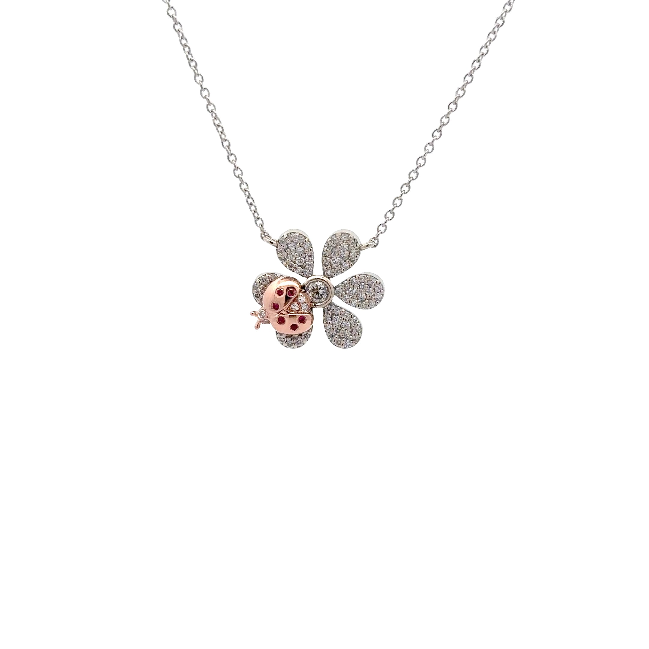 WD1741 14kt White Gold and Diamond Pave Flower with Rose Gold Ruby Detailed Lady Bug