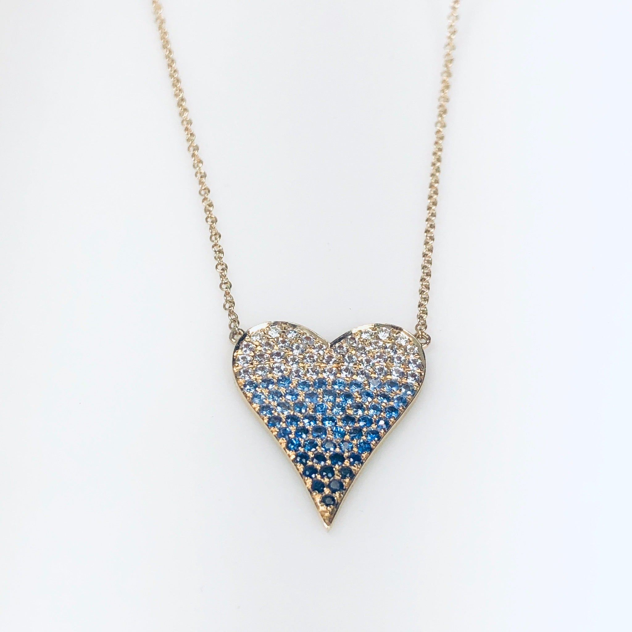 WD686 14kt Ombre pave set Blue Sapphire Heart Necklace Large