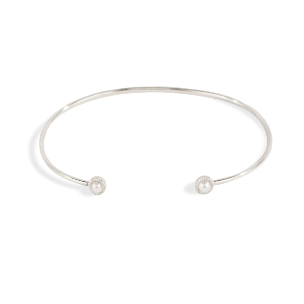 WD139-PE, 14kt gold thin cuff bracelet with 3mm bezel pearl detail on each end