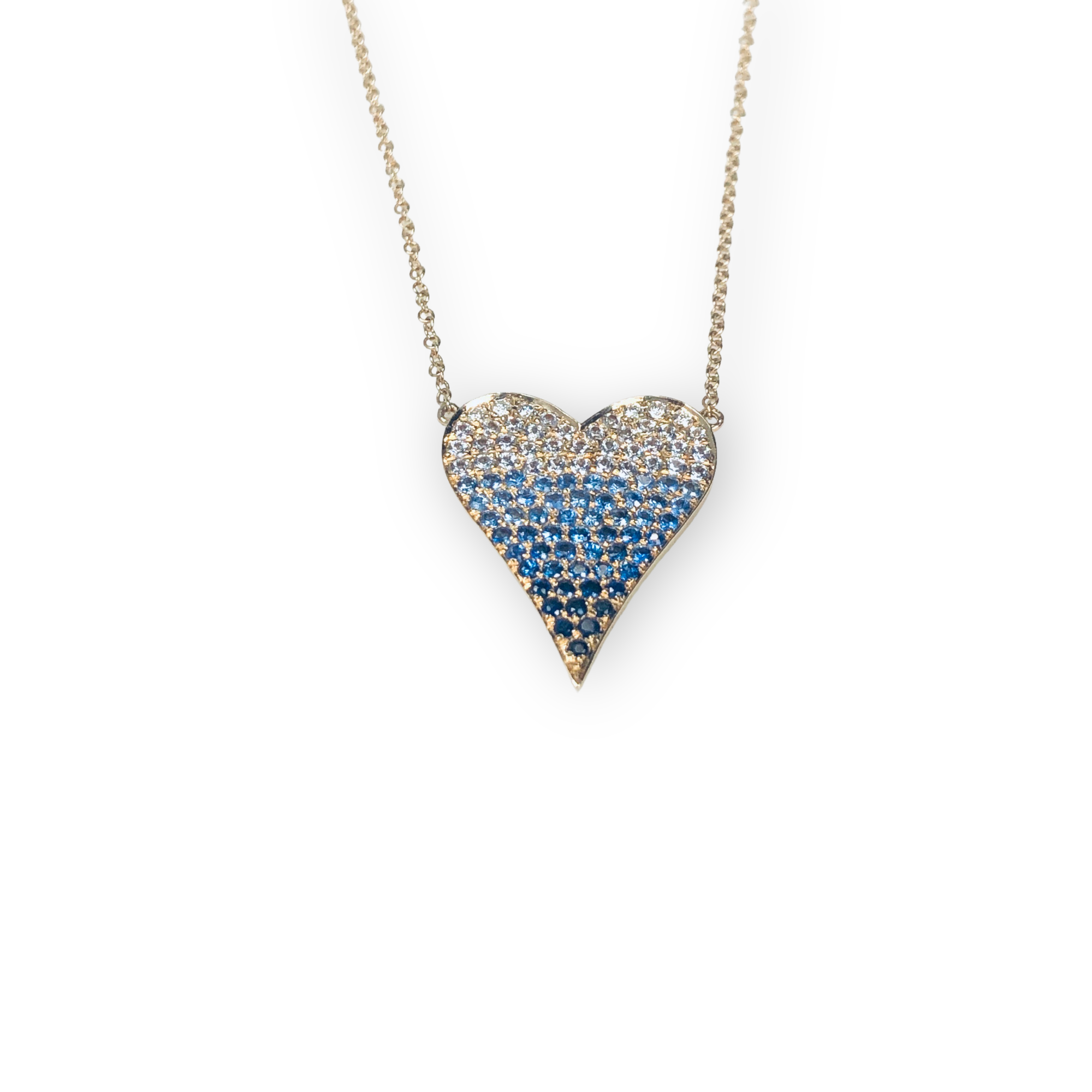 WD686 14kt Ombre pave set Blue Sapphire Heart Necklace Large
