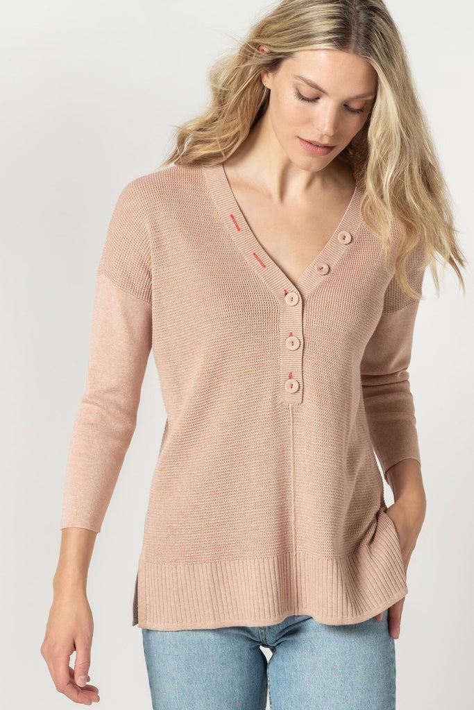 PA1586c LILLA P Button Henley Tunic Sweater